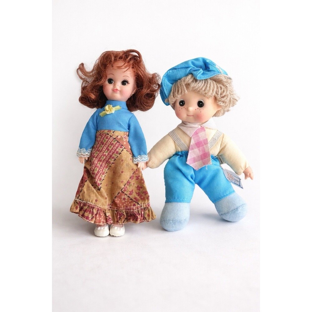 Vintage Ocean Toys Plush Boy & Hong Kong Vinyl Girl‎ Doll Set Cottagecore 7"
